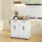 Isla de Cocina con Encimera de Madera de Caucho con Cajones Armarios y Ruedas con Freno 111x44,5x90,5 cm Blanco y Roble