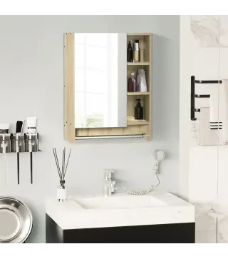 Armario de Baño de Pared con Espejo Estantes Ajustables y Toallero Diseño Compacto para Lavabo o WC 60x15x70 cm Roble