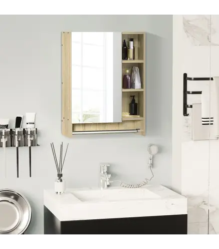 Armario de Baño de Pared con Espejo Estantes Ajustables y Toallero Diseño Compacto para Lavabo o WC 60x15x70 cm Roble