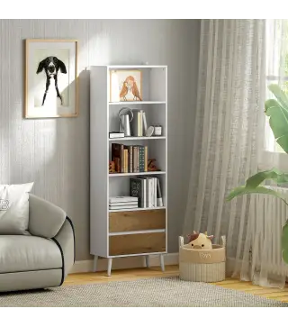 Estantería Bicolor con 4 Estantes Abiertos y 2 Cajones de Melamina con Patas de Pino 60x30x179cm Blanco y Madera Natural