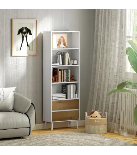 Estantería Bicolor con 4 Estantes Abiertos y 2 Cajones de Melamina con Patas de Pino 60x30x179cm Blanco y Madera Natural