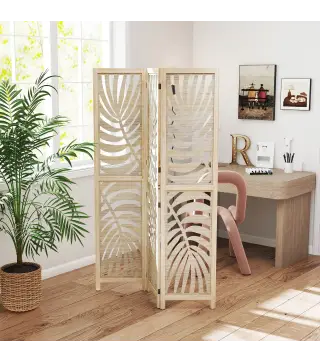 Biombo Divisor de Ambientes de 3 Paneles Plegable y Desmontable con Estampado de Hojas de Palma Tropical 120x1,7x170 cm