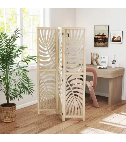 Biombo Divisor de Ambientes de 3 Paneles Plegable y Desmontable con Estampado de Hojas de Palma Tropical 120x1,7x170 cm