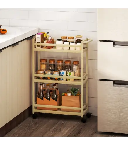 Estantería de Baño de Bambú de 3 Niveles Carrito Auxiliar de Almacenaje con Ruedas 55x20x75 cm Natural