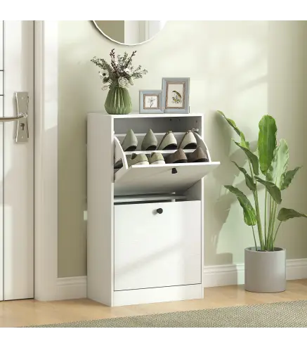 Zapatero con 2 Cajones Abatibles Estantes Ajustables para Pasillos y Espacios Pequeños 47x26x85 cm Blanco Veteado