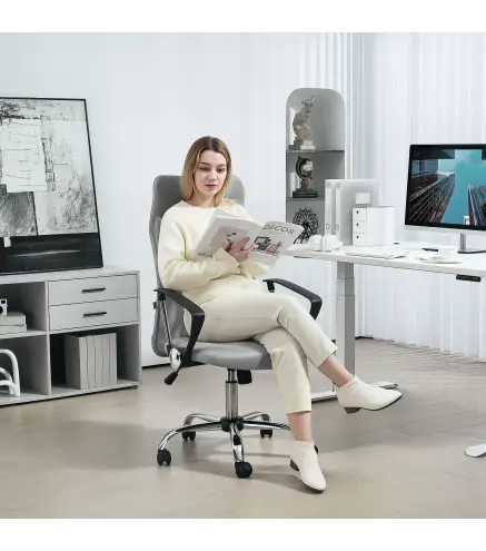 Silla de Oficina con Respaldo Curvo Reposacabezas y Ruedas Función Basculante y Giratoria 63x65x109-119 cm Gris Claro