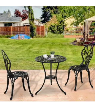 Set de Jardín 3 Piezas con Mesa Redonda Ø60x67 cm y 2 Sillas 42,5x47,5x89 cm Mesa con Orificio para Sombrilla Negro