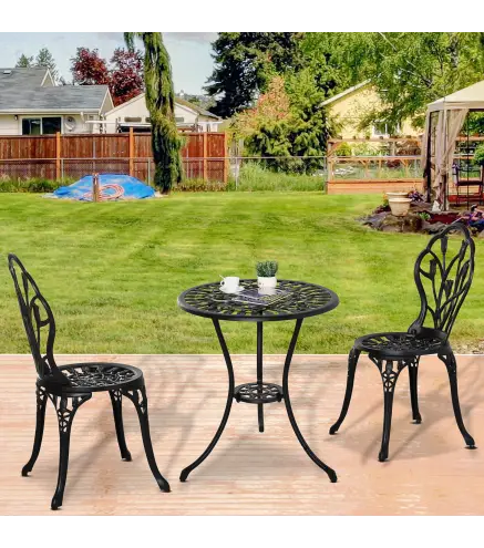 Set de Jardín 3 Piezas con Mesa Redonda Ø60x67 cm y 2 Sillas 42,5x47,5x89 cm Mesa con Orificio para Sombrilla Negro