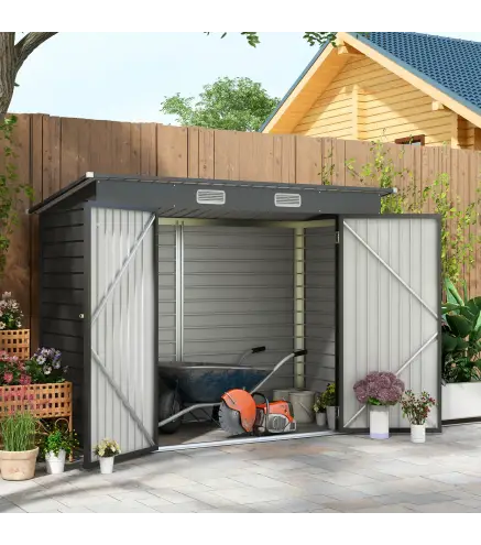 Caseta de Jardín Exterior 2,7m² 249x121x183 cm con Doble Puerta 2 Ventilaciones y Pestillo Gris