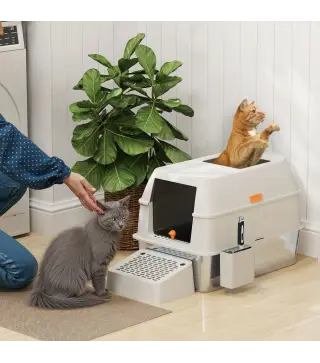 Arenero para Gatos Cubierto de Acero Inoxidable con Paso de Salida y Pala de Acero Inoxidable Gris Claro