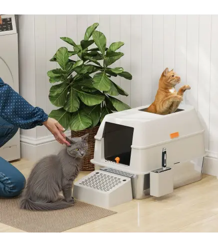 Arenero para Gatos Cubierto de Acero Inoxidable con Paso de Salida y Pala de Acero Inoxidable Gris Claro