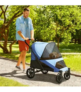 Cochecito Plegable para Mascotas con Ventanas de Malla Cojín Acolchado para Perros de hasta 30 kg 124x67x100 cm Azul