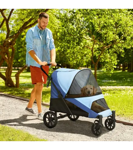 Cochecito Plegable para Mascotas con Ventanas de Malla Cojín Acolchado para Perros de hasta 30 kg 124x67x100 cm Azul