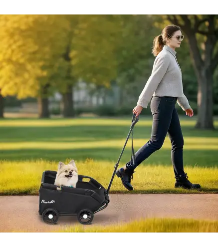 Cochecito para Mascotas con Barra de Empuje Ajustable Diseño Abierto Cojín y Ruedas 53x45x28 cm Negro