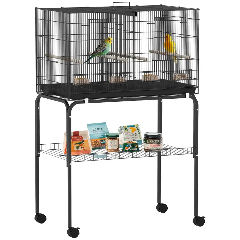 Jaula para Pájaros con Divisor Comederos Bandeja Extraíble y Soporte para Canarios y Periquitos 76x46x46/116 cm Negro