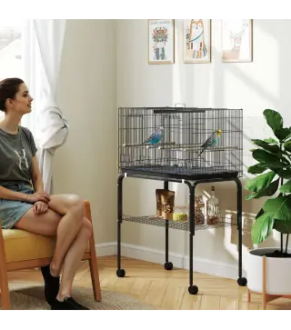 Jaula para Pájaros con Divisor Comederos Bandeja Extraíble y Soporte para Canarios y Periquitos 76x46x46/116 cm Negro