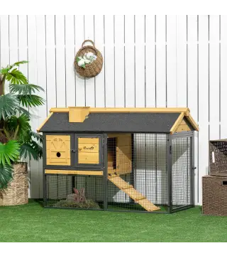 Conejera de Madera de 2 Niveles con Zona Abierta Techo Asfáltico y Bandeja Extraíble 120x55,5x80 cm Natural y Negro