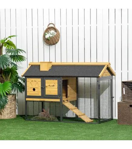 Conejera de Madera de 2 Niveles con Zona Abierta Techo Asfáltico y Bandeja Extraíble 120x55,5x80 cm Natural y Negro