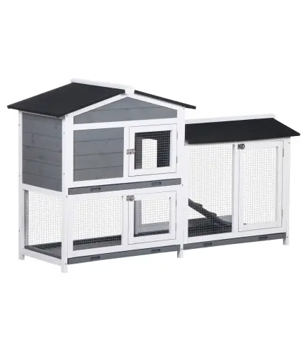 Conejera de Madera Exterior con Techo Asfáltico 2 Corrales de Metal Bandeja Extraíble 157,4x53x93,5 cm Gris