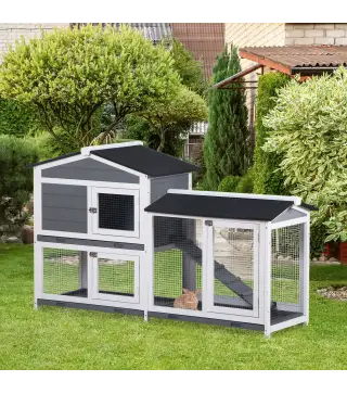 Conejera de Madera Exterior con Techo Asfáltico 2 Corrales de Metal Bandeja Extraíble 157,4x53x93,5 cm Gris