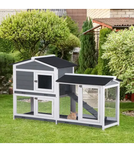 Conejera de Madera Exterior con Techo Asfáltico 2 Corrales de Metal Bandeja Extraíble 157,4x53x93,5 cm Gris