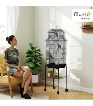 Jaula para Pájaros con Ruedas Comederos Perchas Columpio y Bandeja Extraíble 50,5x41x163 cm Negro