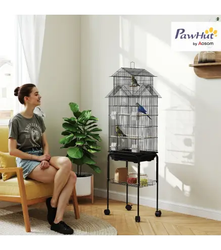 Jaula para Pájaros con Ruedas Comederos Perchas Columpio y Bandeja Extraíble 50,5x41x163 cm Negro