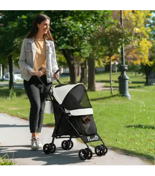 Cochecito para Perros Pequeños con Estructura de Paraguas con Cojín Lavable Portavaso Ventanas de Malla y Bolsa Crema