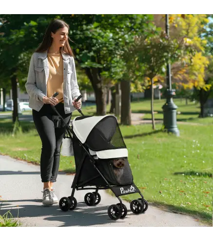 Cochecito para Perros Pequeños con Estructura de Paraguas con Cojín Lavable Portavaso Ventanas de Malla y Bolsa Crema