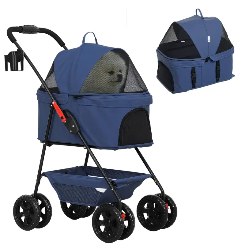 Carrito para Perros Plegable 3 en 1 con Cesta de Almacenaje Ventana de Malla y Sistema de Seguridad 76x50x102 cm Azul Carrito para Perros Plegable 3 en 1 con Cesta de Almacenaje Ventana de Malla y Sistema de Seguridad 76x50x102 cm Azul