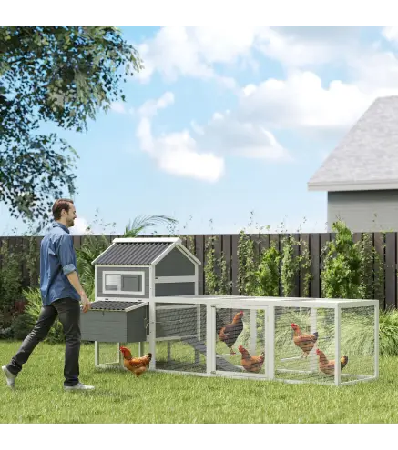 Gallinero de Madera con Perchas Columpio Nidos y Bandeja Extraíble 315,5x150,5x140,5 cm Gris