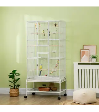 Jaula para Pájaros con Ruedas con Comederos Perchas Columpio Estante y Bandeja Extraíble 83x53x180 cm Blanco
