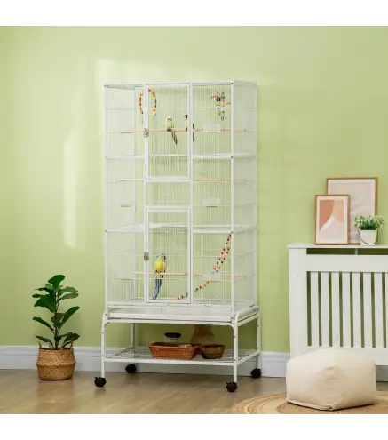 Jaula para Pájaros con Ruedas con Comederos Perchas Columpio Estante y Bandeja Extraíble 83x53x180 cm Blanco