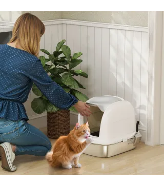 Arenero para Gatos de Acero Inoxidable XL con Tapa Abatible Laterales Altos Entrada Superior Pala Blanco