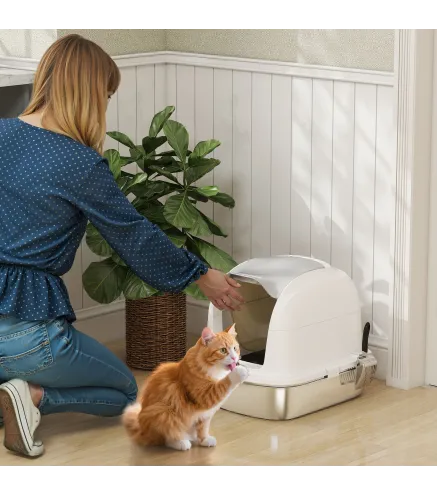 Arenero para Gatos de Acero Inoxidable XL con Tapa Abatible Laterales Altos Entrada Superior Pala Blanco