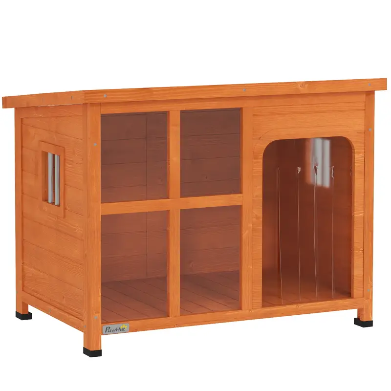 Caseta para Perros Exterior con Techo Asfáltico Abatible Puerta con Cortina y Base Extraíble 90x62x71 cm Madera Natural