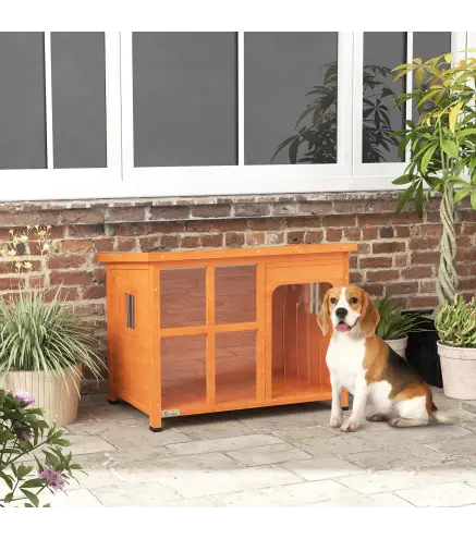 Caseta para Perros Exterior con Techo Asfáltico Abatible Puerta con Cortina y Base Extraíble 90x62x71 cm Madera Natural