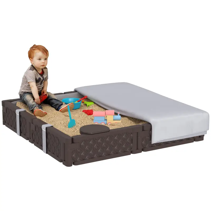 Arenero Infantil con 4 Asientos Cubierta Resistente y Diseño Abierto para Jardín Patio o Terraza 119x119x22 cm Marrón