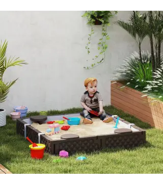 Arenero Infantil con 4 Asientos Cubierta Resistente y Diseño Abierto para Jardín Patio o Terraza 119x119x22 cm Marrón