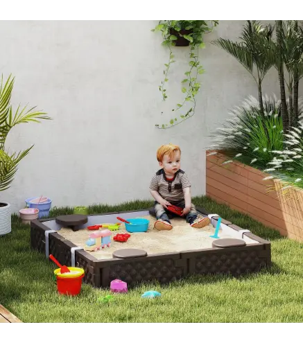 Arenero Infantil con 4 Asientos Cubierta Resistente y Diseño Abierto para Jardín Patio o Terraza 119x119x22 cm Marrón