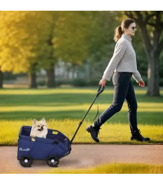 Cochecito para Mascotas con Barra de Empuje Ajustable Diseño Abierto Cojín y Ruedas 53x45x28 cm Azul Oscuro