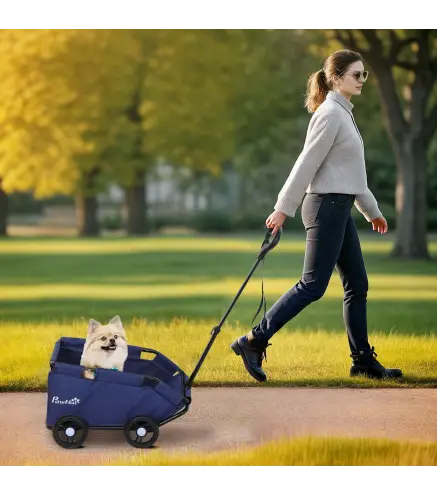 Cochecito para Mascotas con Barra de Empuje Ajustable Diseño Abierto Cojín y Ruedas 53x45x28 cm Azul Oscuro