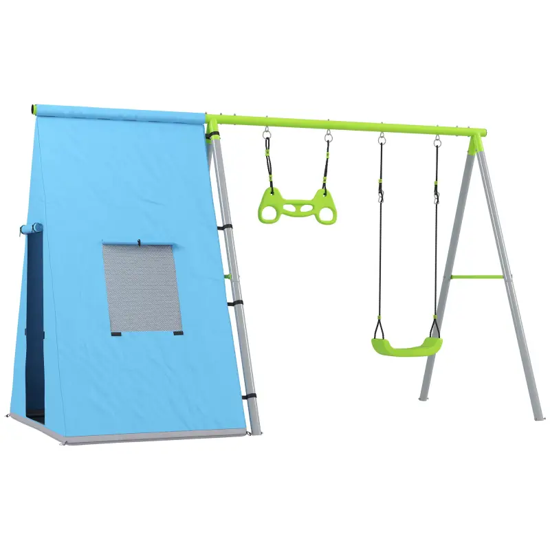 Columpio Infantil 3 en 1 con Tienda Anillas y Altura Ajustable para Niños de 3-8 Años Estructura Metálica 283x180x182 cm