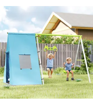 Columpio Infantil 3 en 1 con Tienda Anillas y Altura Ajustable para Niños de 3-8 Años Estructura Metálica 283x180x182 cm