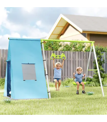 Columpio Infantil 3 en 1 con Tienda Anillas y Altura Ajustable para Niños de 3-8 Años Estructura Metálica 283x180x182 cm
