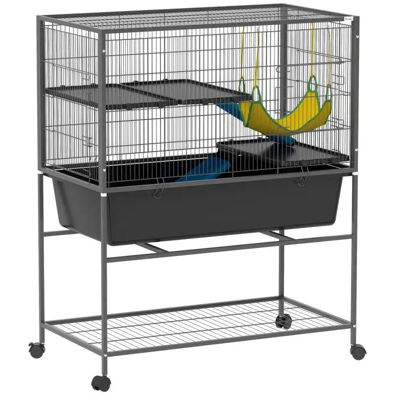 Jaula para Animales Pequeños de 3 Niveles con Rampas Antideslizantes Puertas Amplias y Ruedas con Freno 88x48x102cm Gris