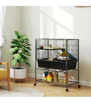 Jaula para Animales Pequeños de 3 Niveles con Rampas Antideslizantes Puertas Amplias y Ruedas con Freno 88x48x102cm Gris