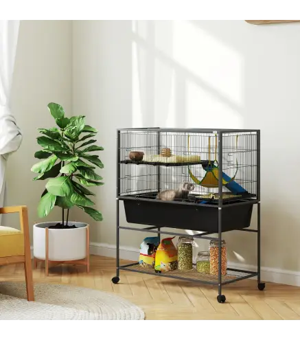 Jaula para Animales Pequeños de 3 Niveles con Rampas Antideslizantes Puertas Amplias y Ruedas con Freno 88x48x102cm Gris