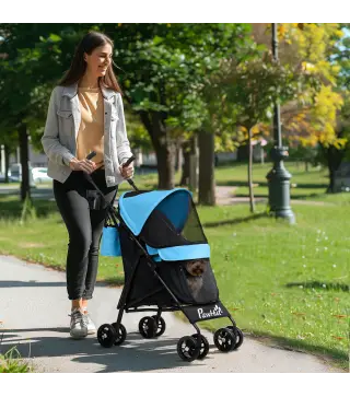 Cochecito para Perros Pequeños con Estructura de Paraguas con Cojín Lavable Portavaso Ventanas de Malla y Bolsa Azul