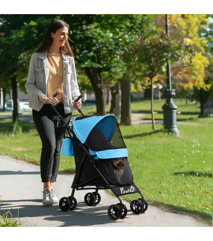 Cochecito para Perros Pequeños con Estructura de Paraguas con Cojín Lavable Portavaso Ventanas de Malla y Bolsa Azul
